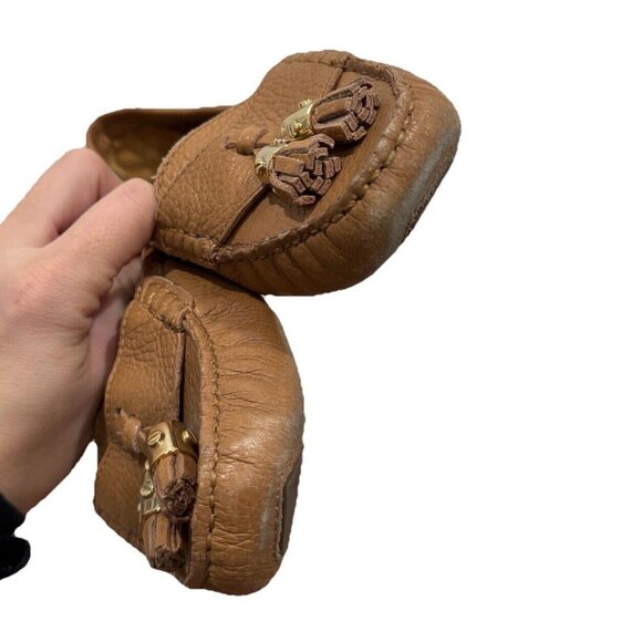 Tory Burch Camel PENNIE LOAFERS Pebble Leather Gold Slip-On Career‎ Womens 9M - Picture 5 of 13